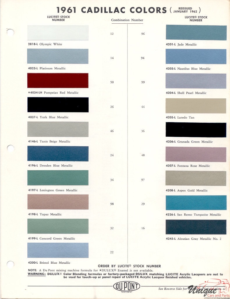 1961 Cadillac Paint Charts DuPont 1